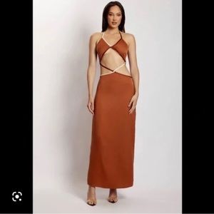 Meshki Gemma Satin Contrast  Biding Cut Out Dress in Biscuit Size S